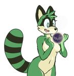  anthro black_nose blue_eyes breasts cute_fangs eye_sparkle female fur green_fur magic maypul maypul_syrup open_mouth rivals_of_aether saliva solo striped_fur stripes tongue video_games white_fur 