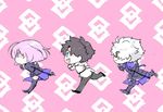  2boys armor armored_boots armored_dress black_hair blue_eyes boots chaldea_uniform chibi command_spell fate/grand_order fate_(series) fujimaru_ritsuka_(male) galahad_(fate) hair_over_one_eye lavender_hair mash_kyrielight multiple_boys mutsume_(mokkemm) parody patterned_background pink_background purple_eyes running simple_background smooooch sword weapon white_hair yellow_eyes 
