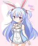  animal_ears bare_shoulders blue_hair blush bow bunny_ears closed_mouth commentary copyright_name cowboy_shot detached_sleeves dress expressionless frr_(akf-hs) hair_bobbles hair_ornament hand_on_own_chest highres long_hair noah_(rabi_ribi) pink_bow purple_eyes rabi-ribi simple_background sketch solo two_side_up very_long_hair 