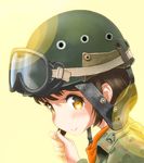  brown_eyes brown_hair camouflage_jacket commentary_request goggles helmet japan_ground_self-defense_force japan_self-defense_force m_tap military orange_scarf original scarf solo tank_helmet yellow_background 