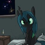  2017 2018 bed bed_covers bedding bedroom changeling cracks eyelashes female fireworks friendship_is_magic frown full-length_portrait hi_res holidays horn insect_wings inside looking_at_viewer my_little_pony new_year night nightstand pillow portrait queen_chrysalis_(mlp) sad sitting solo teal_eyes teal_hair tjpones window wine_glass wings 