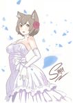  2017 amber_eyes animal_humanoid armwear blush breasts brown_hair cat_humanoid clothing crossgender dress elbow_gloves feline felix_argyle female flower gloves hair hi_res humanoid looking_at_viewer mammal open_mouth plant re:zero rose shyly simple_background slit_pupils solo wedding_dress white_background 