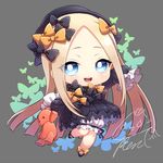  :d abigail_williams_(fate/grand_order) arm_up bangs black_bow black_dress black_footwear black_hat blonde_hair bloomers blue_eyes bow bug butterfly chibi commentary_request dress fate/grand_order fate_(series) forehead full_body grey_background hair_bow hat insect long_hair long_sleeves looking_at_viewer mary_janes open_mouth orange_bow parted_bangs polka_dot polka_dot_bow shoes signature sleeves_past_wrists smile solo standing standing_on_one_leg stuffed_animal stuffed_toy takamiya_ren teddy_bear underwear upper_teeth very_long_hair white_bloomers 