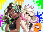  2girls alvares bare_arms bare_shoulders black_gloves blonde_hair breasts brown_hair cephalopod_eyes cleavage commentary_request crop_top cropped_vest crown dark_skin domino_mask eyelashes fang fingerless_gloves gloves graphite_(medium) green_eyes green_hair green_skin grin hand_up headphones high_collar highres hime_(splatoon) iida_(splatoon) leather leather_gloves leather_vest lips long_hair looking_at_viewer mask mechanical_pencil medium_breasts medium_hair mole mole_under_mouth multicolored multicolored_hair multicolored_skin multiple_girls octarian open_mouth paint_splatter pencil pink_hair pink_pupils pointing pointing_at_viewer shiny shiny_clothes shiny_hair sleeveless smile splatoon_(series) splatoon_2 squid suction_cups symbol-shaped_pupils tentacle_hair traditional_media unzipped upper_body vest yellow_eyes yellow_pupils zipper zipper_pull_tab 