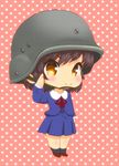  :&gt; brown_eyes brown_hair chibi chin_strap commentary_request helmet m_tap military original pink_background polka_dot polka_dot_background salute solo 