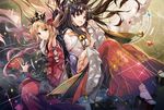  :d arm_wrap backlighting bangs bare_shoulders black_hair black_ribbon blonde_hair blush bow closed_mouth constellation crown detached_sleeves earrings ereshkigal_(fate/grand_order) eyebrows_visible_through_hair fan fate/grand_order fate_(series) feet_out_of_frame floating frilled_sleeves frills fur_trim gem geta glint hair_bow hair_ornament hair_ribbon hair_stick hakama hand_in_hair hand_on_own_chest hand_up hirai_yuzuki holding holding_fan hoop_earrings ishtar_(fate/grand_order) japanese_clothes jewelry kimono light_particles long_hair long_sleeves looking_at_viewer multiple_girls nail_polish open_mouth parted_bangs red_bow red_eyes red_hakama red_kimono red_nails ribbon round_teeth skull smile socks spread_fingers tabi tassel teeth tiara two_side_up very_long_hair white_kimono white_legwear wide_sleeves 