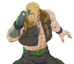  bad_proportions belt black_pants blonde_hair blue_eyes charlie_nash glasses jacket long_hair looking_at_viewer midriff muscle nt_(gun-ash) open_clothes open_jacket pants standing stitches street_fighter street_fighter_v wristband 