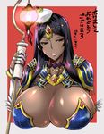  black_hair blush bracelet breasts circlet cleavage dark_skin fate/grand_order fate_(series) forehead_jewel green_eyes hat huge_breasts jewelry lantern lips long_hair looking_away musashino_sekai parted_lips ring scheherazade_(fate/grand_order) shiny shiny_skin solo staff translation_request upper_body 