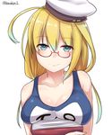  absurdres blonde_hair blue_eyes book breasts collarbone hat highres holding holding_book i-8_(kantai_collection) kantai_collection kiritto large_breasts long_hair name_tag old_school_swimsuit one-piece_swimsuit sailor_hat school_swimsuit simple_background smile solo swimsuit twitter_username white_background white_hat 