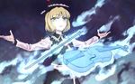 blonde_hair blue_fire bow_(instrument) fire hat instrument looking_at_viewer lunasa_prismriver meimaru_inuchiyo outstretched_arms short_hair skirt solo touhou vest violin yellow_eyes 