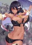  areola_slip areolae azur_lane belt black_hair black_shorts braid breasts bustier crop_top dark_skin dated feathers hair_between_eyes hair_feathers hair_ornament jewelry large_breasts long_hair long_torso looking_at_viewer native_american navel necklace orange_eyes outstretched_arms reku_hisui short_shorts shorts smoke solo south_dakota_(azur_lane) stomach thighhighs underbust very_long_hair vest 