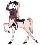  blonde_hair centaur clothing equine equine_taur female fur gloves hair harness hat holding_object hooves jacket juanmao1997 mammal one_leg_up ponytail saddle shirt side_view simple_background solo tan_fur taur walking white_background 