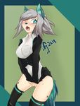  2018 anthro blue_eyes blush breasts cat clothing covering covering_crotch fejess96 feline female fluffy fluffy_tail grey_hair hair hi_res legwear looking_at_viewer mammal open_mouth piercing solo summer_(fejess96) thigh_highs 