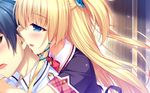  aqua_eyes blonde_hair blush boku_to_koi_suru_ponkotsu_akuma bow fujima_emiri fujima_ren game_cg long_hair male sayori seifuku smile 