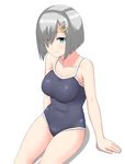  30-06 arm_support blue_eyes breasts competition_school_swimsuit cowboy_shot eyes_visible_through_hair grey_swimsuit hair_ornament hair_over_one_eye hairclip hamakaze_(kantai_collection) kantai_collection large_breasts one-piece_swimsuit school_swimsuit shadow short_hair silver_hair simple_background sitting solo swimsuit thighs white_background 