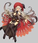  absurdres bangs bare_shoulders black_legwear blush breasts cleavage commentary_request detached_sleeves garter_straps granblue_fantasy hair_between_eyes hat highres ju-zika large_breasts long_hair looking_at_viewer magisa_(granblue_fantasy) purple_eyes silver_hair smile solo thighhighs witch_hat 