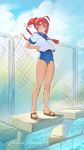  ahoge bare_legs bird blue_sailor_collar blue_sky blue_swimsuit closed_mouth cloud cloudy_sky commentary day fence hair_ornament hairclip hands_on_hips highres i-168_(kantai_collection) kantai_collection light_smile long_hair looking_at_viewer necktie one-piece_swimsuit outdoors pool red_eyes red_hair red_neckwear sailor_collar sandals school_swimsuit school_uniform serafuku shirt short_sleeves sky smile solo standing swimsuit tim_loechner twitter_username white_shirt x_hair_ornament 