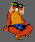  2017 3_toes 4_fingers anthro brak claws clothed clothing digital_drawing_(artwork) digital_media_(artwork) feline fur green_eyes grey_background hanna-barbera hi_res male mammal missuspatches red_fur shorts simple_background sitting solo space_ghost_(series) teeth toe_claws toes topless 