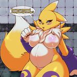  2018 anthro areola belly big_belly big_breasts black_sclera blue_eyes blush breasts canine digimon digital_media_(artwork) english_text eyelashes female fur inverted_nipples lactating mammal milk nipples nude open_mouth pregnant pussy renamon solo sruto text tuft white_fur yellow_fur 