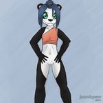  2018 anthro bear black_fur black_nose blue_hair bottomless breasts clitoris clothed clothing cub digital_media_(artwork) female fur green_eyes hair heroes_of_the_storm humanoid_hands jaan&amp;paw li_li_stormstout long_hair looking_at_viewer mammal multicolored_fur navel panda pandaren ponytail pussy simple_background sketch small_breasts smile solo standing two_tone_fur video_games warcraft white_fur young 