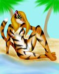  2017 anthro blonde_hair feline female green_eyes hair kittybird mammal navel nipples outside palm_tree pussy solo tiger tiger_stripes tree 