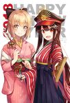  :d ahoge arrow bangs bell black_bow black_hakama black_hat blonde_hair blush bow brown_eyes brown_hair checkered closed_mouth cowboy_shot ema fate_(series) from_side hagoita hair_bow hakama hamaya hanetsuki happy_new_year hat highres hip_vent holding_arrow japanese_clothes jingle_bell kimono koha-ace kotoyoro long_hair long_sleeves looking_at_viewer looking_to_the_side multiple_girls new_year nonono obi oda_nobunaga_(fate) okita_souji_(fate) okita_souji_(fate)_(all) open_mouth paddle peaked_cap pink_kimono red_eyes sash shiny shiny_hair short_hair sidelocks simple_background smile standing straight_hair striped striped_kimono translation_request v-shaped_eyebrows vertical_stripes white_background wide_sleeves 