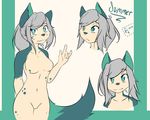  2018 anthro blue_eyes breasts canine featureless_breasts featureless_crotch fejess96 female fluffy fluffy_tail fur grey_hair hair hi_res mammal multicolored_tail nude summer_(fejess96) tan_fur 