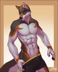  2017 5_fingers abs anthro biceps black_nose boxers_(clothing) bulge canine clothed clothing feralise fingerpads grey_skin male mammal multicolored_skin muscular muscular_male orange_skin pose simple_background solo standing teasing topless underwear undressing white_skin wolf yellow_eyes 