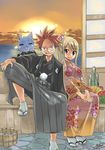  1girl blonde_hair commentary_request fairy_tail flower hand_tattoo haori happy_(fairy_tail) japanese_clothes kimono looking_at_viewer lucy_heartfilia mashima_hiro natsu_dragneel pink_hair sandals sitting smile socks spiked_hair sun sunset 