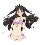  bare_shoulders bikini black_hair black_ribbon breasts cropped_legs crown earrings fate/grand_order fate_(series) food front-tie_bikini front-tie_top hair_ribbon hands_on_own_chest highres ishtar_(fate/grand_order) jewelry long_hair looking_at_viewer mismatched_bikini mouth_hold navel pink_bikini_top pocky red_eyes ribbon side-tie_bikini signature simple_background small_breasts solo standing swimsuit two_side_up very_long_hair vesperiastar water_drop white_background white_bikini_bottom wrist_bow 