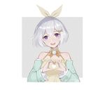 :d artist_name bangs blush commentary_request dated detached_sleeves dress ginxiee grey_hair grin hair_between_eyes hair_ribbon heart heart_hands heat lavender_eyes open_mouth original red_pupils ribbon round_teeth shiny shiny_hair short_hair smile solo teeth upper_body yellow_dress 