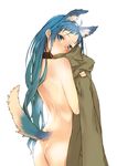  animal_ear_fluff animal_ears ass bangs blue_eyes blue_hair blush branch_(blackrabbits) coat collar commentary_request cowboy_shot dog_collar dog_ears dog_tail from_behind head_tilt kantai_collection long_hair looking_at_viewer looking_back nude samidare_(kantai_collection) simple_background solo standing tail tail_raised very_long_hair white_background 