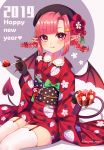  1girl 2019 :q bandaid_hair_ornament bat_wings black_gloves black_hat blush bow braid demon_tail eyebrows_visible_through_hair food fruit garter_straps gloves hair_bow hair_ornament happy_new_year hat heart heart-shaped_pupils highres holding holding_spoon japanese_clothes kimono looking_at_viewer marota mary_(marota) new_year obi original pink_eyes pink_hair pointy_ears red_bow red_kimono sash short_hair sitting sleeves_past_wrists solo spoon strawberry symbol-shaped_pupils tail thighhighs tongue tongue_out twin_braids twitter_username white_legwear wings 