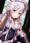  apron azur_lane bangs belfast_(azur_lane) blush braid breasts chain cleavage closed_mouth collar collarbone commentary_request corset eyebrows_visible_through_hair fire_maxs french_braid frilled_apron frills gloves highres large_breasts long_hair looking_at_viewer maid maid_apron maid_headdress silver_hair skirt skirt_lift solo white_gloves 