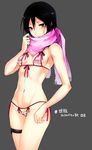  adjusting_scarf bare_arms bare_shoulders bikini black_hair blame! blush breasts brown_eyes cameltoe closed_mouth cowboy_shot front-tie_bikini front-tie_top grey_background highres long_hair looking_at_viewer micro_bikini noise_(manga) pink_bikini pink_scarf sakuma_tsukasa scarf shiny shiny_skin side-tie_bikini simple_background small_breasts solo standing susono_musubi swimsuit thigh_strap translation_request 