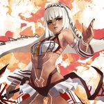  absurdres altera_(fate) bare_shoulders black_nails breasts dark_skin detached_sleeves fate/extella fate/extra fate_(series) hand_up highres holding holding_sword holding_weapon looking_at_viewer monori_rogue nail_polish navel non-web_source paid_reward patreon_reward photon_ray red_eyes small_breasts solo sword tattoo toned veil weapon white_hair 