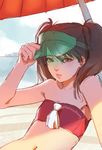  ascot bare_arms bare_shoulders beach brown_eyes brown_hair closed_mouth commentary day flat_chest hand_on_headwear hand_up hat highres kantai_collection lips looking_at_viewer navel outdoors parasol pink_lips reclining ryuujou_(kantai_collection) sketch solo strapless tim_loechner tubetop twintails umbrella upper_body visor_cap yellow_neckwear 