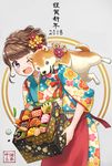  2018 animal apron blue_legwear blush braid brown_hair caviar commentary_request dog fingernails fish floral_print flower food food_request grey_background hair_flower hair_ornament highres holding looking_at_viewer nengajou new_year obentou one_eye_closed original pink_flower red_apron red_flower shiba_inu simple_background solo standing sweatdrop translation_request yellow_flower yuko666 