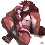  2017 abs anthro athletic balls biceps canine chest_tuft dog duo dust_yang eyes_closed flaccid grin half-erect hi_res humanoid_penis jewelry larger_male male male/male mammal muscular muscular_male mustelid necklace nipples nude otter pecs penis petting ricardo_welkin simple_background sitting size_difference smaller_male smile tuft uncut white_background wolf 