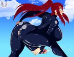  ahegao anal ass blush bodysuit breasts day erza_scarlet fairy_tail futanari huge_breasts masturbation masturbation_through_clothing open_mouth orgasm penis ponytail red_hair shiny shiny_clothes sky solo torn_clothes ullamaliztli uncensored 