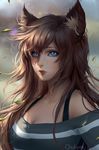  animal_ears blue_eyes breasts brown_hair chuby_mi cleavage commission earrings fang highres jewelry lips long_hair looking_at_viewer medium_breasts original realistic slit_pupils solo upper_body wind wolf_ears 