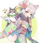  animal animal_ears braid checkered dog flower fox_ears fox_tail french_braid furisode gloves green_eyes hagoita hair_flower hair_ornament happy highres japanese_clothes kimono kuroyuki looking_to_the_side new_year obi open_mouth original paddle sash scarf smile solo tail white_hair 