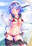  ;p bare_shoulders beach between_breasts bikini bikini_under_clothes blue_eyes blue_hair breasts cloud contrapposto covered_nipples cowboy_shot day double_bun elbow_gloves eyebrows_visible_through_hair gloves hat hat_ribbon highres kantai_collection kurofude_anastasia looking_at_viewer medium_breasts medium_hair micro_bikini navel neckerchief ocean one_eye_closed open_clothes open_shirt outdoors pleated_skirt red_bikini ribbon sailor_hat school_uniform serafuku shirt side-tie_bikini skindentation skirt skirt_pull sleeves_rolled_up solo standing stomach swimsuit tongue tongue_out urakaze_(kantai_collection) white_gloves white_hat wind wind_lift 