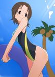  black_swimsuit blush breasts brown_eyes brown_hair cloud commentary_request competition_swimsuit day denkaisui girls_und_panzer one-piece_swimsuit palm_tree print_swimsuit sawa_azusa sexually_suggestive short_hair sky small_breasts smile solo sweat swimsuit swimwear tree 