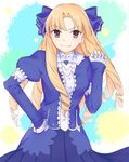  &gt;:) arm_garter bangs blonde_hair blue_bow blue_dress bow brown_eyes center_frills closed_mouth cowboy_shot dress drill_hair eyebrows_visible_through_hair fate/stay_night fate_(series) frills gloves hair_bow hand_on_hip long_hair looking_at_viewer luviagelita_edelfelt matitoumi multicolored multicolored_background parted_bangs ringlets smug solo standing v-shaped_eyebrows very_long_hair white_gloves 