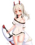  :o ayanami_(azur_lane) azur_lane bare_shoulders black_panties blonde_hair blurry blush breasts cleavage collarbone covered_navel cowboy_shot dakimakura_(object) doyouwantto eyebrows_visible_through_hair head_tilt headphones holding holding_sword holding_weapon long_hair looking_at_viewer medium_breasts no_pants off-shoulder_shirt panties parted_lips pillow ponytail red_eyes see-through shirt short_sleeves sidelocks signature simple_background single_thighhigh solo standing sword thighhighs underwear v-shaped_eyebrows weapon white_background white_legwear white_shirt 