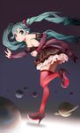  aqua_eyes aqua_hair black_dress commentary_request detached_sleeves dress eris floating_hair from_side hatsune_miku high_heels highres leaning_forward long_hair red_legwear solo thighhighs twintails very_long_hair vocaloid 
