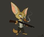  2016 absurd_res canine cigar clothed clothing disney fennec finnick fox grey_background gun hi_res holding_object holding_weapon looking_at_viewer mammal pants ranged_weapon shirt shotgun signature simple_background smoke smoking suspenders t-shirt thatotherwhaleoil weapon zootopia 