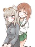  3: :d ^_^ animal_ears bear_ears blush brown_hair closed_eyes commentary_request fake_animal_ears girls_und_panzer green_skirt hairband hand_on_another's_shoulder itsumi_erika kuromorimine_school_uniform light_brown_hair multiple_girls nishizumi_miho ooarai_school_uniform open_mouth school_uniform serafuku skirt smile sou_(mgn) 