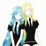  alexandrite_(houseki_no_kuni) androgynous black_neckwear blonde_hair blue_eyes blue_hair chrysoberyl_(houseki_no_kuni) collared_shirt colored_eyelashes commentary_request crystal_hair gem_uniform_(houseki_no_kuni) houseki_no_kuni leaning_on_person long_hair looking_at_another multiple_others necktie pale_skin puffy_short_sleeves puffy_sleeves shirt short_sleeves simple_background smile sou_(mgn) tareme uniform very_long_hair yellow_eyes 